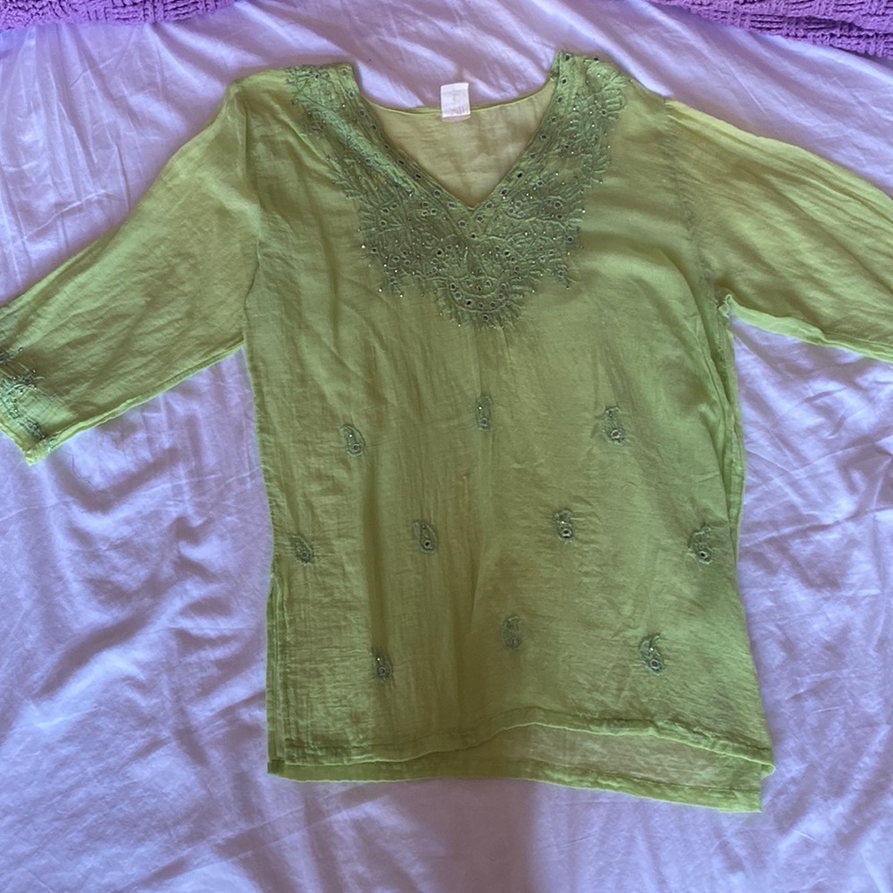 Handmade Woman’s lime green embroidered tunic size large